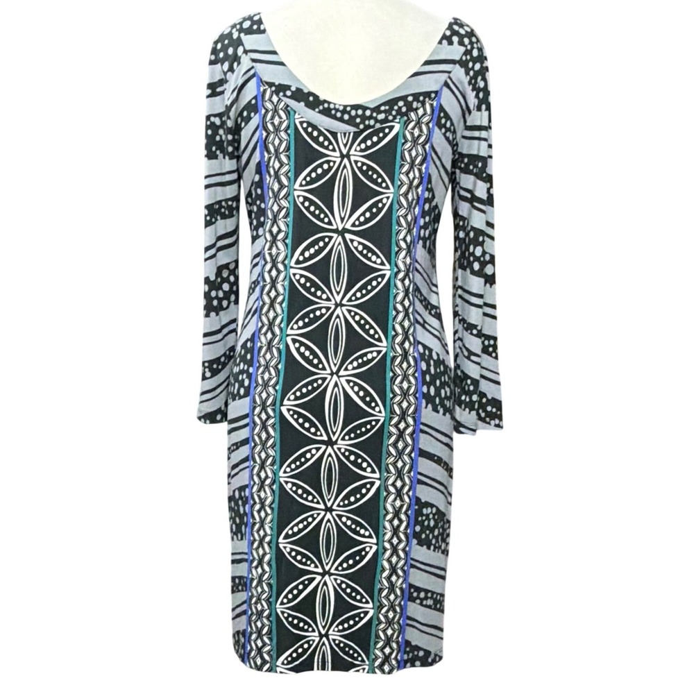 Tori Richard Honolulu Shift Dress Womens M Black Gray Geometric Stretch Resort